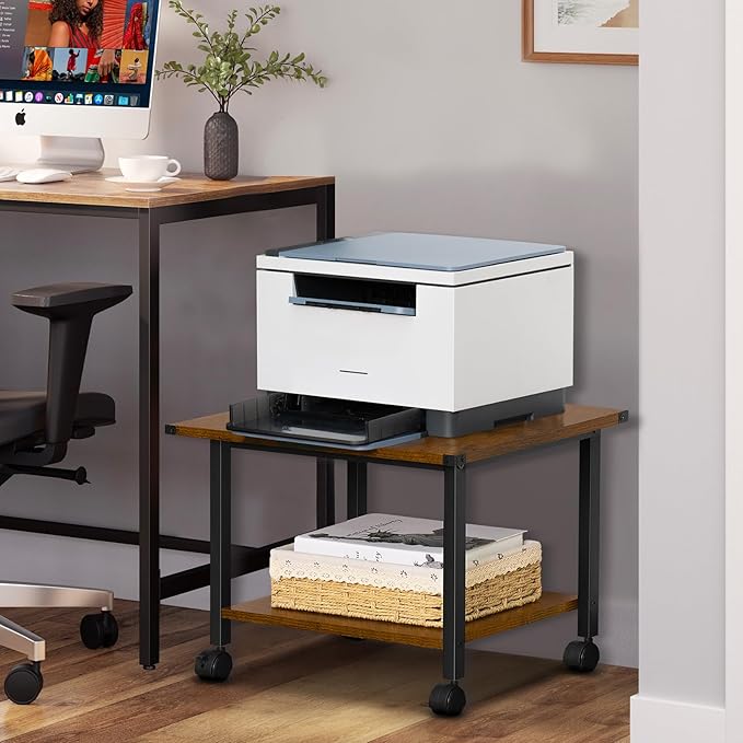 Lerliuo Under Desk Printer Stand, 2-Tier Industrial Mobile Printer Table with Storage Shelf and Steel Frame, Rolling Printer Cart Holder with Lockable Wheels for Home, Office (Rustic Brown)