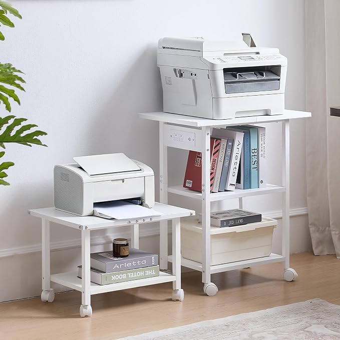 Lerliuo 3-Tier Printer Stand with Charging Station, Industrial Mobile Printer Table with Storage Shelf and Steel Frame, Rolling Printer Cart Holder with Lockable Wheels for Home, Office (White)