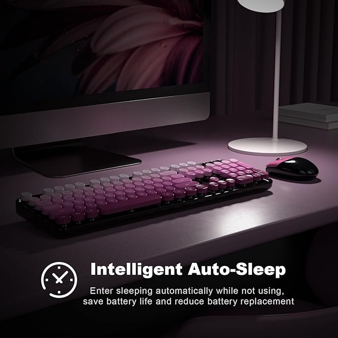 Wireless Keyboard and Mouse Combo, 2.4GHz Gradient Colorful Full-Size Retro Typewriter Keyboard with Wireless Mouse for PC/Desktop/Laptop/Windows (Black Pink)