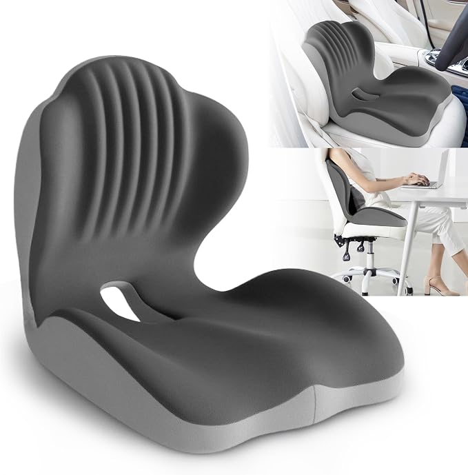 Ergonomic Waist Support and Seat Cushion, 2-in-1 Memory Foam Pad, Hollow Design for Coccyx, Suitable for Office Chairs, Car Safety Seats and Household Use - Relieves Lower Back and Hip Pain (Grey)