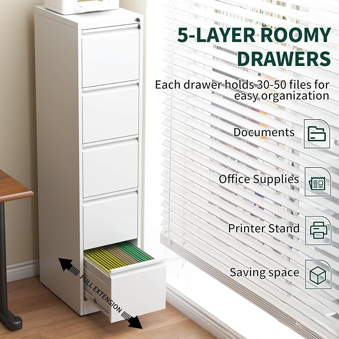 5 Drawer File Cabinet with Lock, Metal Vertical File Cabinets for Home Office, Office Furniture for Organization Hanging Legal/Letter/A4, Office File Cabinet Storage Cabinet, Require Assembly, White