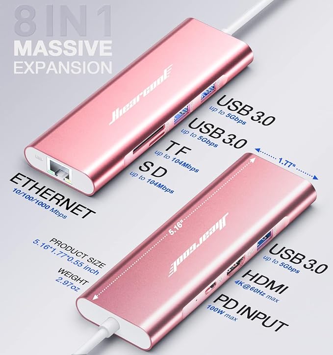 Hiearcool USB C Hub Ethernet, 8in1 USBC Hub Multi-Port Adapter, USB-C to HDMI Docking Station Type C Adapter Dongle Compatible for MacBook Dell XPS HP ASUS and More Type-C Devices-Rose Gold