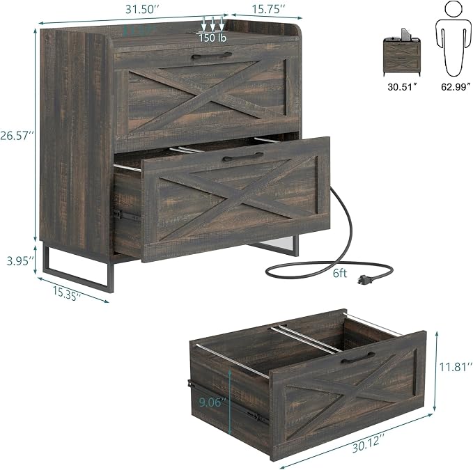 Lateral File Cabinet 2 Drawer File Cabinet with Charging Station for Legal/Letter/A4 Size Hanging Files, Modern Farmhouse Large Wood File Storage Cabinet for Home Office Furniture(Dark Rustic Oak)