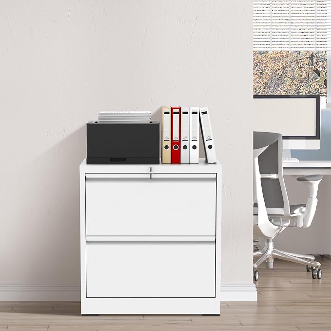 2 Drawer File Cabinet with Lock, White Metal Lateral Filing Cabinets for Home Office, Heavy Duty Steel Horizontal Locking Storage Cabinet for Legal/Letter/A4 Size File, Assembly Required