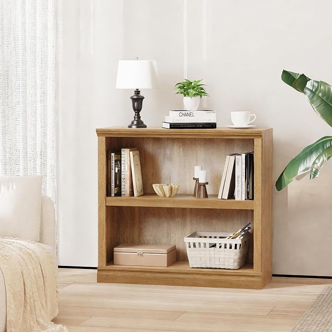 blini Bookshelf and Bookcase Set of 2, Wooden Oak Double Wide Large Bookshelves, 2 Tier Bookshelf with Storage Cabinets for Living Room, Home Office, Library (Oak, 2 - Shelf)