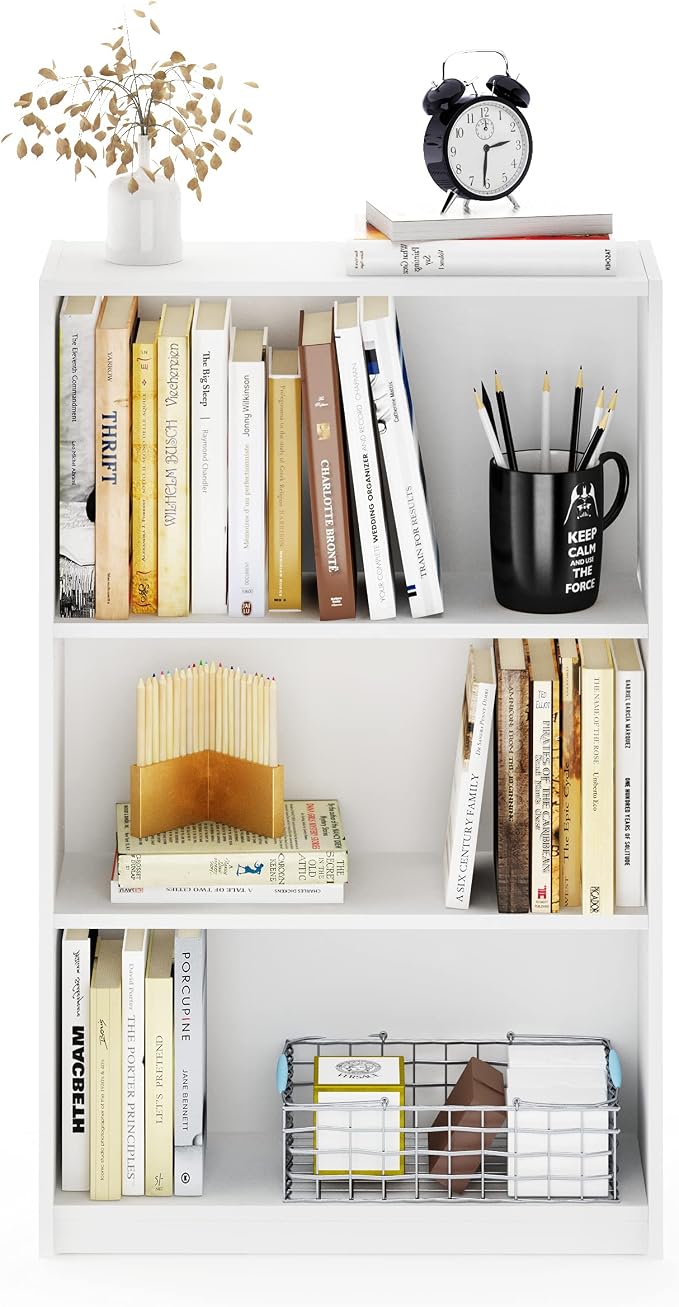 Furinno Jaya Book Shelf, 3-Tier Bookshelf, Bookcase with Adjustable Shelves, 9.5 x 24.5 x 40.3, for Organization and Storage, for Living Room, Bedroom, Home Office, White