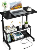 Karl home 31.5" Portable Rolling Desk on Wheels,Height Adjustable Standing Desk with 2 AC Outlets/3 USB Ports,Mobile Laptop Table with Hooks and Storage Shelves for Home Office，Black