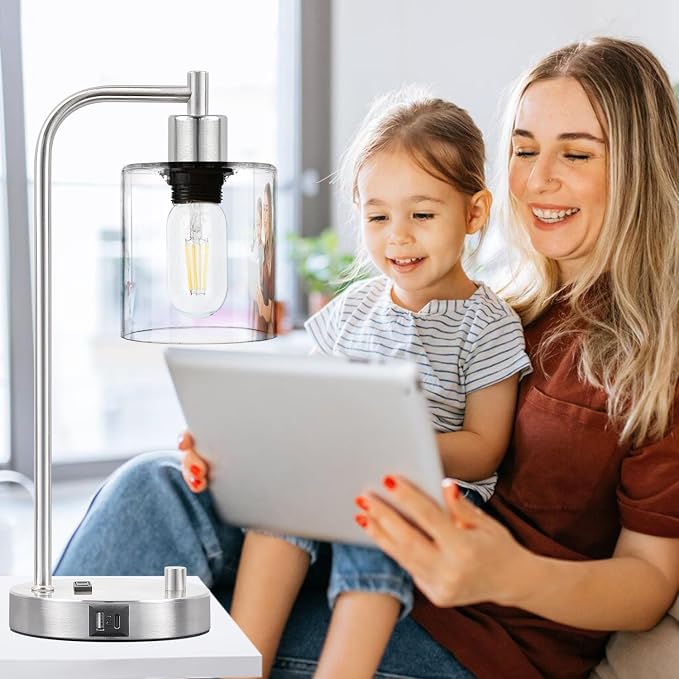 Set of 2 Industrial Table Lamps with USB C+A Ports and Outlet, Brushed Nickle Fully Stepless Dimmable Bedside Lamps, Nightstand Lamp with Clear Glass Shade for Bedroom Living Room 2 LED Bulb Included