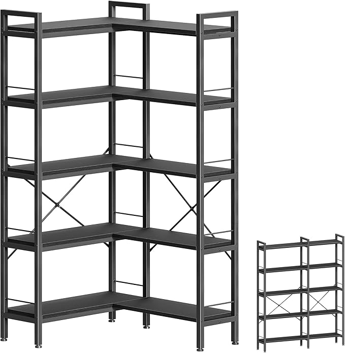 Huuger 5 Tier Bookshelf, L Shaped Corner Bookshelf with 10 Open Shelves, 49.4 Inch Straight Wide Bookcase with Metal Frame and Wooden Board, Adjustable Feet, Black