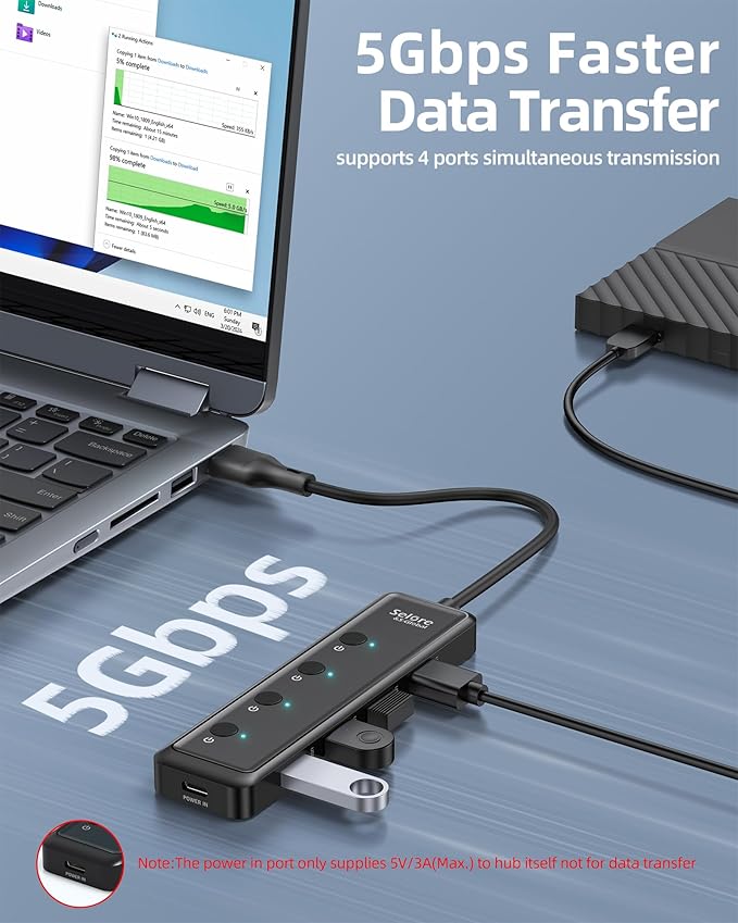 Selore USB 3.0 Hub, Selore 4-Port USB Hub Ultra-Slim Data USBA Splitter USBA Expander with 2 ft Compatible with A Port Laptop, for MacBook, Mac mini, iMac, PC, Flash Drive, HDD, Mouse,etc