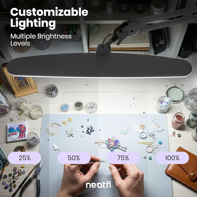 Neatfi XL 2,200 Lumens 24W LED Desk Lamp – 23” Wide Shade | Dimmable Eye-Caring Task Light | Adjustable Arm | Home Office, Study, Crafts & Nail Tech (Silver, Non-CCT with Clamp)