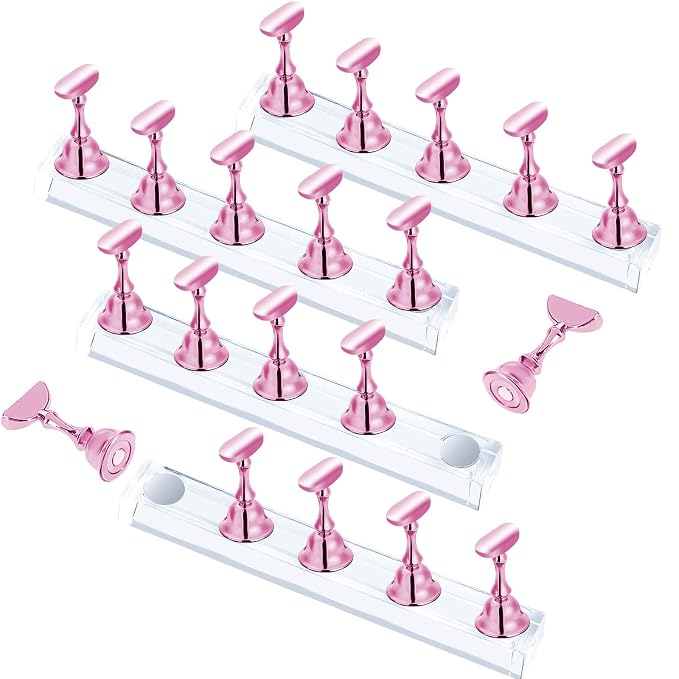 JUSTOTRY 4 Sets Pink Nail Stand for Press on Nails Display, Magnetic Fake Nails Holder for Painting Nails Practices, Beginner Acrylic Nail Art Kit Accessories, Nail Salon Equipment and Decor