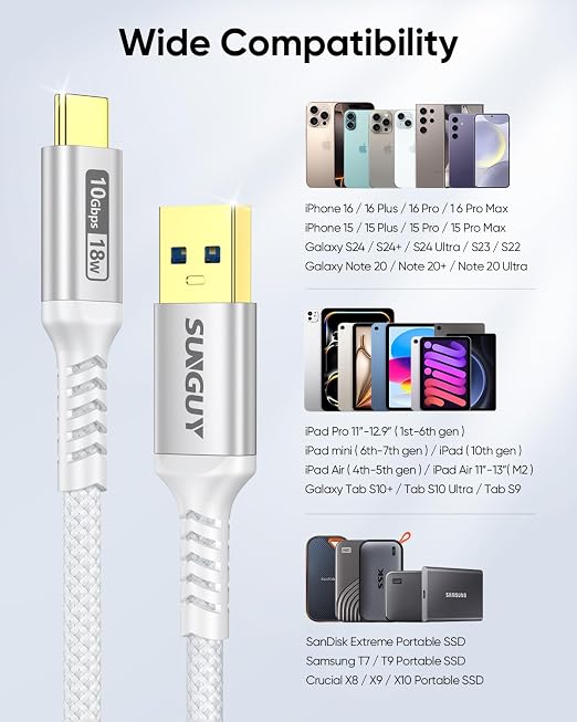 SUNGUY 10Gbps USB C 3.1 Gen 2 Cable, 4FT USB A to USB C 3A Fast Charging & Data Transfer Android Auto Carplay Cable Compatible with iPhone 17 16 15 Pro Max, Galaxy S24 S23 Ultra Note 20, SSD (White)