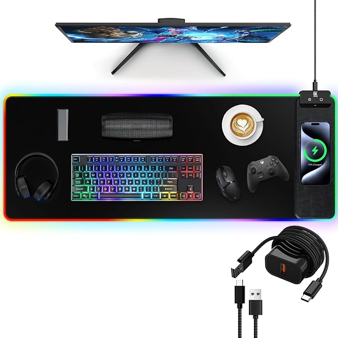 Mouse Pad with Wireless Charging, Large Desk Mat RGB Gaming Mousepad, 10 Light Colors LED Gaming Pad Keyboard Pad with Ultra-Smooth Surface & Non-Slip Rubber Base, Waterproof Full Desk Mouse Pad