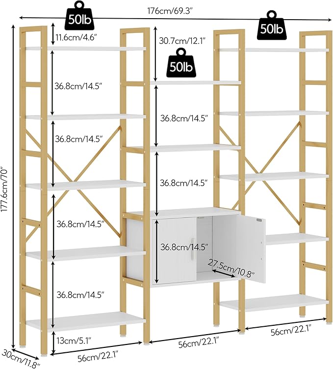 Yusong Bookshelf Triple Wide 5 Tier Bookcases with Storage Cabinet, Industrial Large Modern Tall Bookshelves with 12 Open Display Shelves for Living Room Office Bedroom, White and Gold