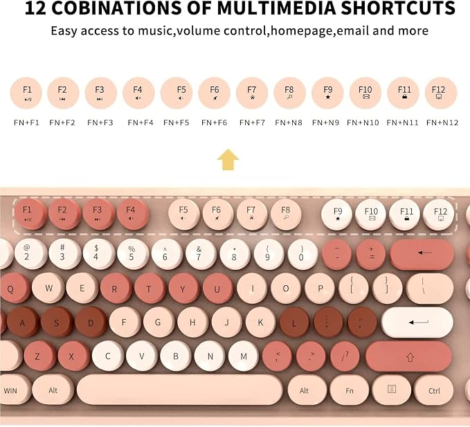 Beige Wireless Keyboard and Mouse Combo, Cute Aesthetic Typewriter Keyboard with Round Keys, 2.4Ghz Retro Bubble Full Size Wireless Keyboard with Number Pad for Long Nails PC Laptop