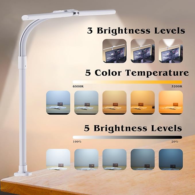AKRRYR Led Desk Lamp for Home Office,24W Bright Eye-Caring Desk Light with Clamp,5 brightness and 5 temperatures Dimmable Workbench Task Light, Adjustable Gooseneck Table Lamp for Monitor Study(white)