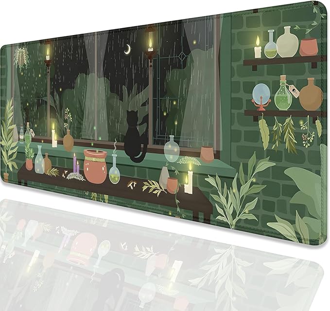 Black Cat Mouse Pad Green Plants Desk Mat Pad Anime Large Gaming Cartoon Cute Mouse Pad,Stitched Edges Non-Slip Waterproof Rubber Base Mous Mat for Office Home Work Gaming(27.5X11.8 in)
