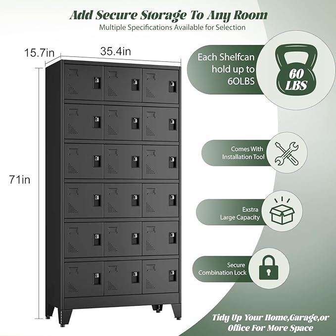 Metal Lockers for Employees-18 Doors Storage Locker with Shelves and Lockable Steel Cabinet for School,Gym,Office,Staff,Assembly Required,Black