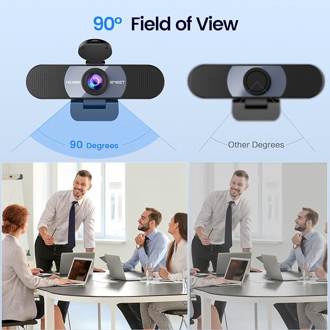 EMEET 1080P Webcam, C960 Web Camera with 2 Noise-Cancelling Microphones & Privacy Cover, 90° FOV Computer Camera, Plug & Play USB Webcam for Calls/Conference, Zoom/Skype/YouTube, Laptop/Desktop, Grey
