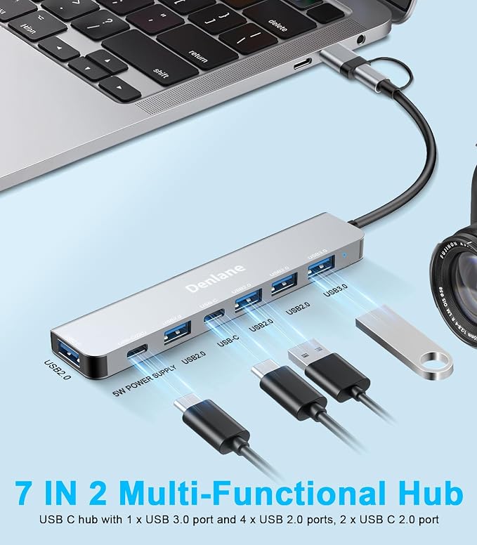 USB C Hub USB Hub 3.0 for Laptop, Upgrade 7 in 2 USB Splitter with USB-C & Multiport USB A Port Extender, USBC USB2.0 Dongle for PC/Computer/Laptop, Type C Mac/MacBook/Air/Pro/iPad/Tablet