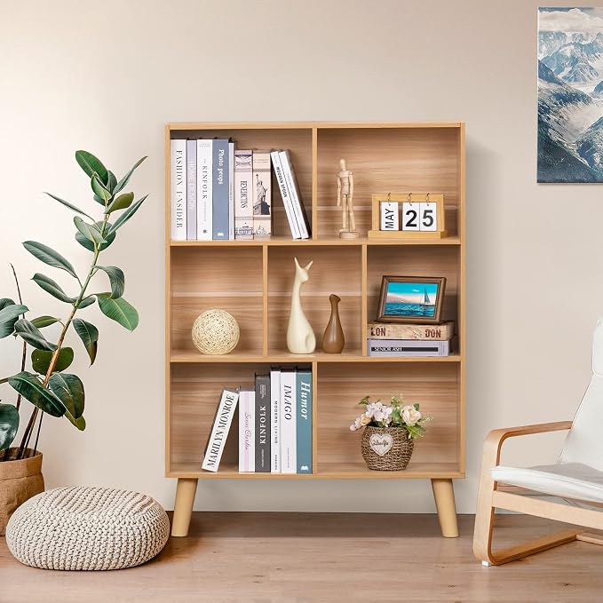 LEYAOYAO Wooden 5 Cube Bookshelf, Natural 3 Tier Book Shelf with Legs, Modern Open Storage Organizer,Boho Bookcase,Display Cabinet Shelf Free Standing Bookshelves for Bedroom,Living Room,Study
