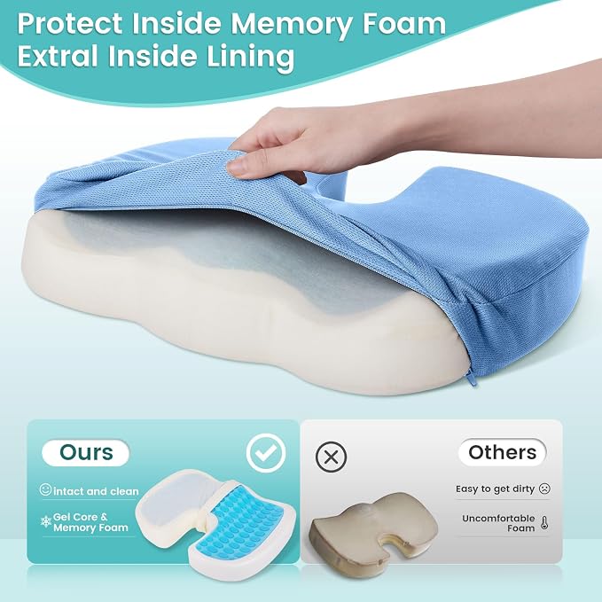 Office Chair Seat Cushion, Cooling Gel Enhanced Memory Foam Cushion for Long Sitting - Back, Sciatica, Coccyx, Tailbone Pain Relief Pillow - for Office, Gaming, Car, Wheelchair - Light Blue, Large
