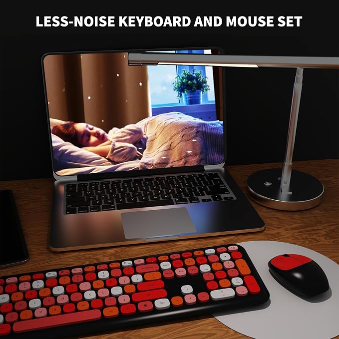Wireless Keyboard and Mouse Combo, Colorful Ergonomic Full Size Retro Low-Noise Keyboard with Cute keycaps, Compatible with Windows, PC, Perfer for Home and Office Keyboards (Black)