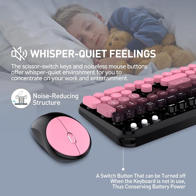Wireless Keyboard and Mouse Combo, 2.4 GHz Wireless Full-Sized Typewriter Keyboard with Round Keycaps for Windows, Computer, Desktop, PC, Laptop (Pink)