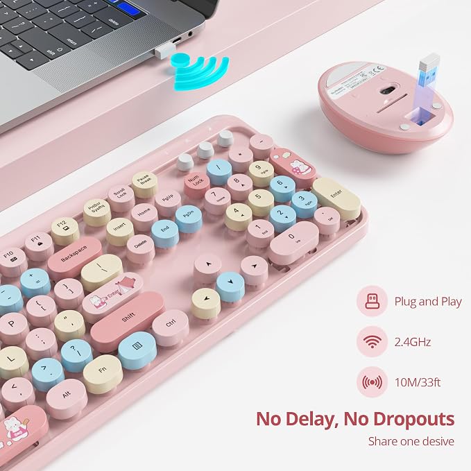 GTSP Typewriter Pink Keyboard and Mouse Wireless, Full-Size Colorful Cute Office Keyboard 2.4GHz with Number Pad for Desktop Laptop and PC (Colorful Pink)