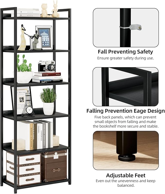 NUMENN Bookshelf, 6 Tier Bookshelves, Home Office Bookcase Shelf Storage Organizer, Free Standing Storage Shelving Unit for Bedroom, Living Room and Home Office, Black