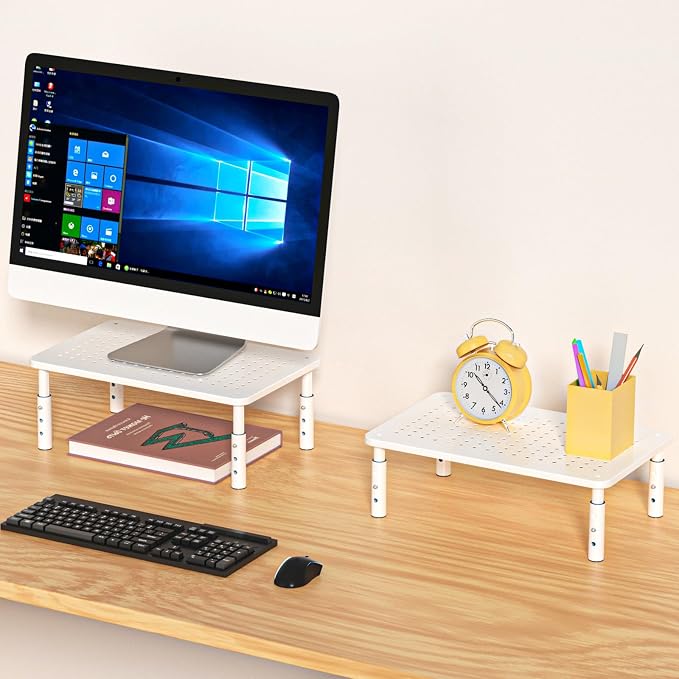 Bracwiser Monitor Stand Riser,3 Level Height Adjustable Desktop monitor stand for Computer, Laptop, Printer, Notebook with Vented Metal Platform 370X235MM 2 Packs,White