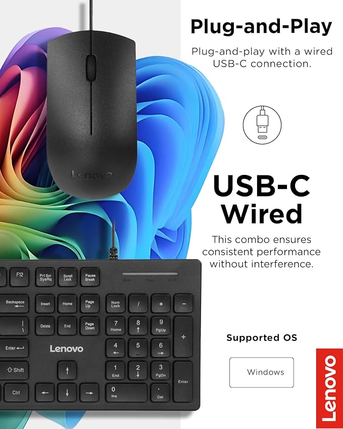 Lenovo 305 USB-C Wired Keyboard & Mouse Combo, Black, Spill-Resistant, Narrow Border, Adjustable Tilt, Full-Size Keyboard & Mouse, Compatible with Laptop, PC, Tablet, USB-C Connectivity Gaming Office