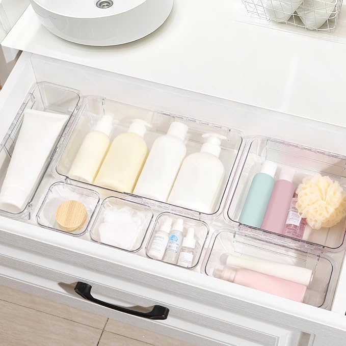 20 Pcs Adjustable Clear Drawer Organizer, Extendable Vanity Storage Bins, Desk Drawer Organizer Set for Makeup, Cosmetics, Bedroom, and Gadgets, Clear
