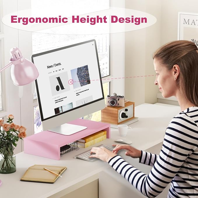 TEAMIX Pink Monitor Riser-20L inch, Wood Monitor Stand for Desk, Sturdy TV/Screen/PC/Printer/Laptop Riser,Computer Shelf with Storage TV Holder for Home Office (Pink, 20 inch)