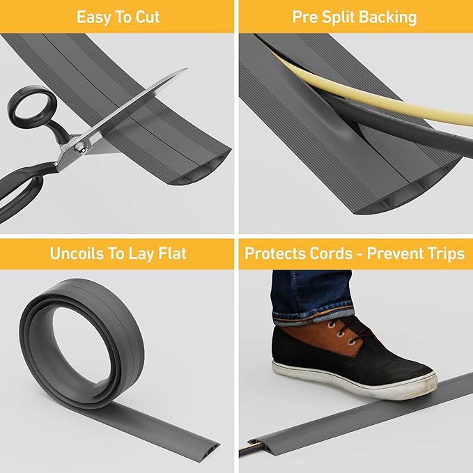 D-Line 30ft Floor Cord Cover, Floor Cable Protector, Extension Cord Cover, Protect Wires & Prevent Cable Trips, Cable Management Solution - Cord Cavity = 0.63" (W) x 0.31" (H) - Gray