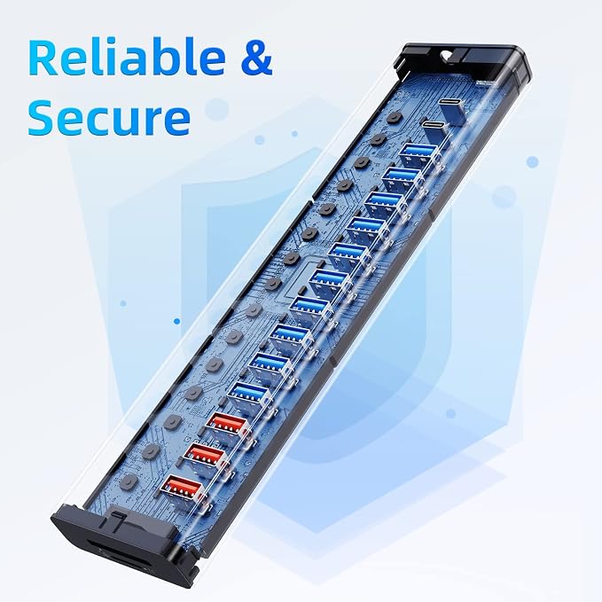 Powered USB Hub 10Gbps, 17 Ports 96W USB 3.2 Hub(10 USB-A 3.2 Ports+3 QC 24W Fast Charging Ports+2 USB-C 3.2 Ports+SD/TF Card Reader), 12V/8A Power Adapter for Laptop, PC, Computer, HDD,Flash Drive