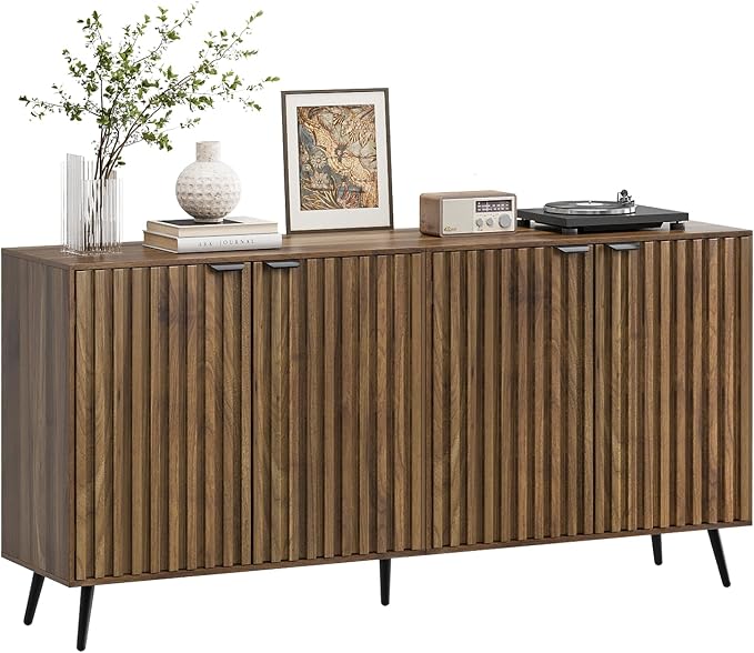 Smuxee 63" Fluted Sideboard Cabinet, Freestanding Walnut Buffet Cabinet with Adjustable Shelf, Wood Storage Cabinet for Living Room, Entryway, Hallway