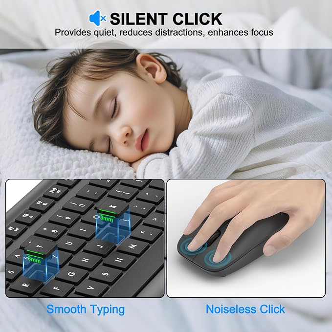 Wireless Keyboard and Mouse Combo, Full-Size Silent Ergonomic Keyboard and Optical Mouse, Long Battery Life, 2.4G Lag-Free Mice Keyboard for Computer,Mac,Laptop,PC,Windows(Gray)
