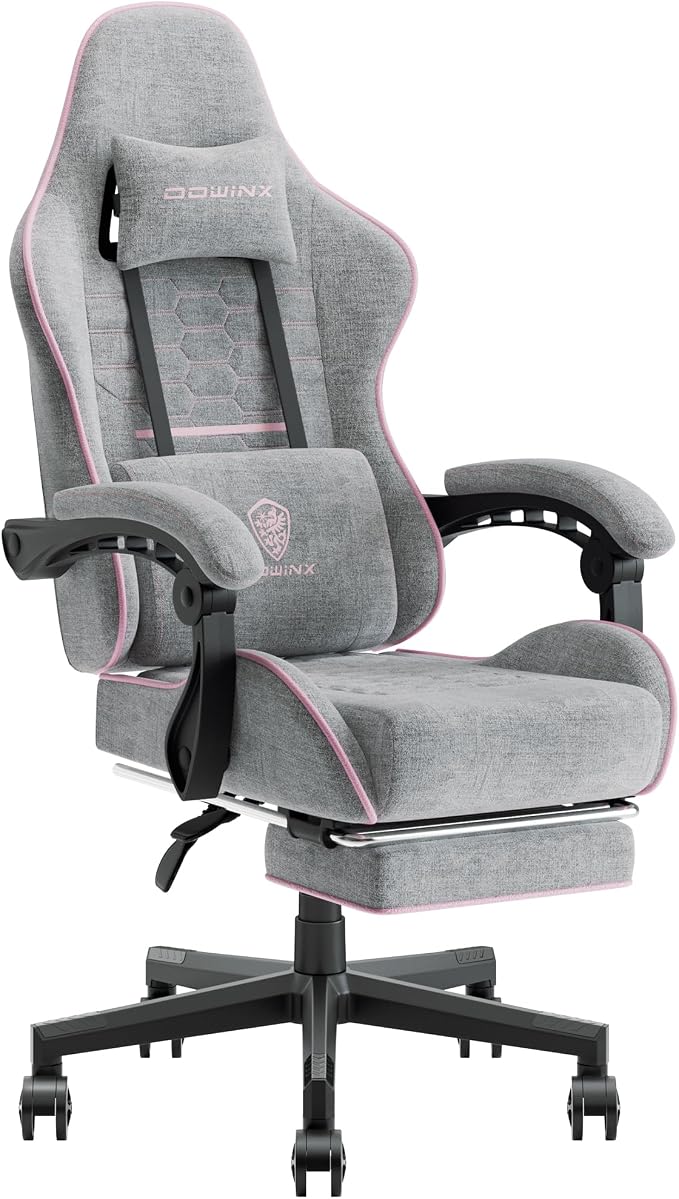 Dowinx Gaming Chair Fabric with Pocket Spring Cushion, Massage Game Chair Cloth with Headrest, Ergonomic Computer Chair with Footrest 290LBS, Pink and Grey