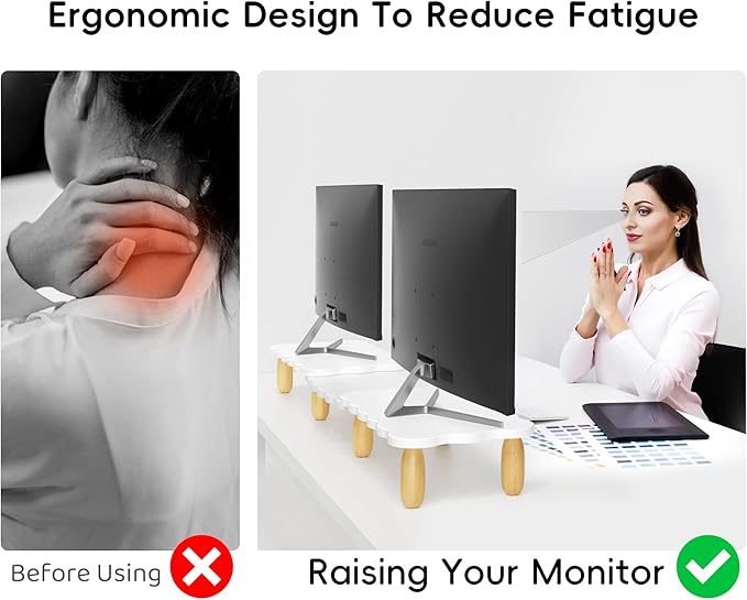 AFOOYO Dual Monitor Riser, Cookie-Shaped Adjustable Length & Swivel Angle, Wooden Desktop Organizer for 2 Monitors,Monitor Stand with Drawer for Laptop, PC, Computer, Printer,White