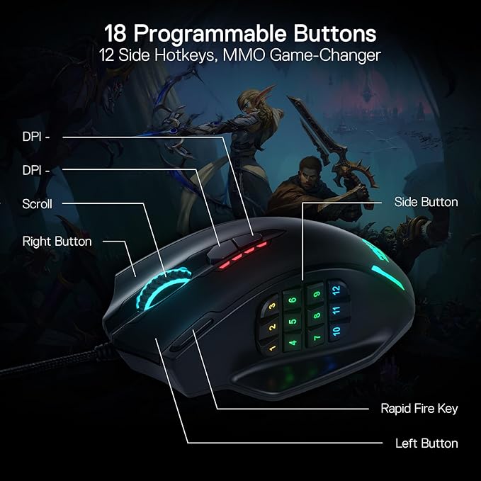 Redragon M908 Impact RGB LED MMO Gaming Mouse with 12 Side Buttons, Optical Wired Ergonomic Mouse with Max 12,400DPI, High Precision, 18 Programmable Macro Shortcuts, Comfort Grip