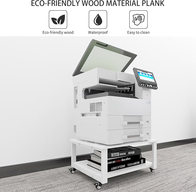 Natwind 2 Tier Laser Printer Stand,23.6''x23.6'' Large Printer Table,Copier Stand with Wheels, Heavy Duty Rolling Printer Cart with Paper Storage Shelf for Home Office (White)