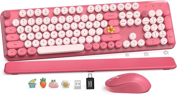 Wireless Keyboard and Mouse Combo, Cute Hot Pink Full-Size Retro Typewriter Keyboard with Round Keycaps, Magnetic Wrist Rest, Tilt Legs, 2.4GHz Cordless for Mac, Windows PC, Laptop, SABLUTE CK23