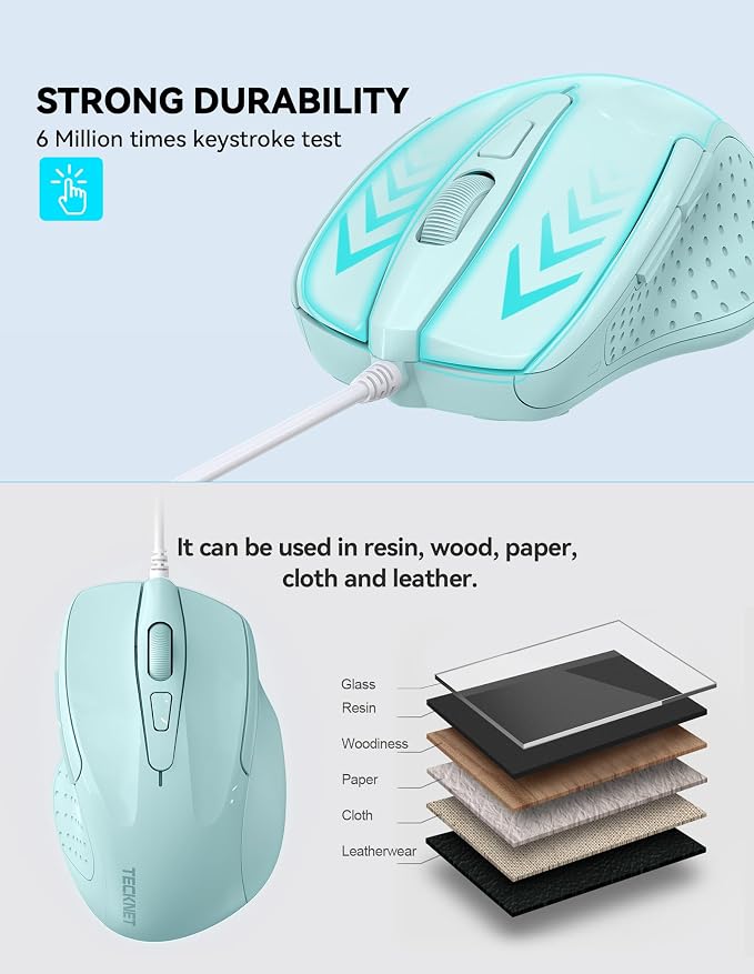 TECKNET Wired Mouse, 6-Button Corded with 4 Adjustable DPI, Ergonomic Optical Mouse, 5FT Cord for Laptop, Chromebook, PC, Desktop, Mac, Notebook - LT.Green