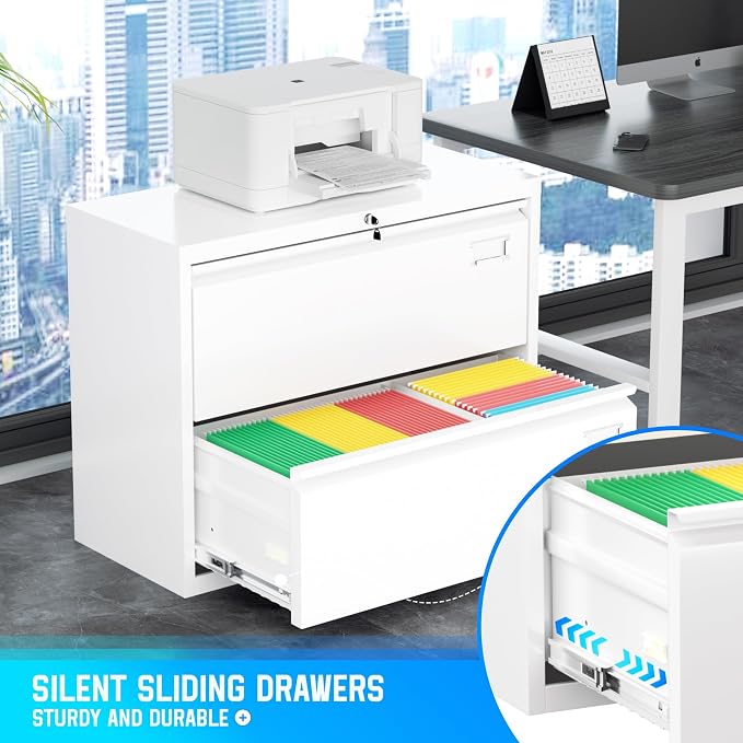Greenvelly 2 Drawer Filing Cabinet, White Lateral File Cabinet with Lock, Metal File Cabinets with Adjustable Hanging Bars&2 Keys, Locking File Cabinet for Home Office, Legal/F4/Letter, Etc