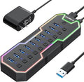 ZIUMIER Powered USB Hub, 10 Ports USB 3.0 Hub with RGB LED Strip | 12V/2A Power Adapter USB Extension,Individual LED On/Off Switches for Mac, PC, Desktop, Flash Drive, Mobile HDD