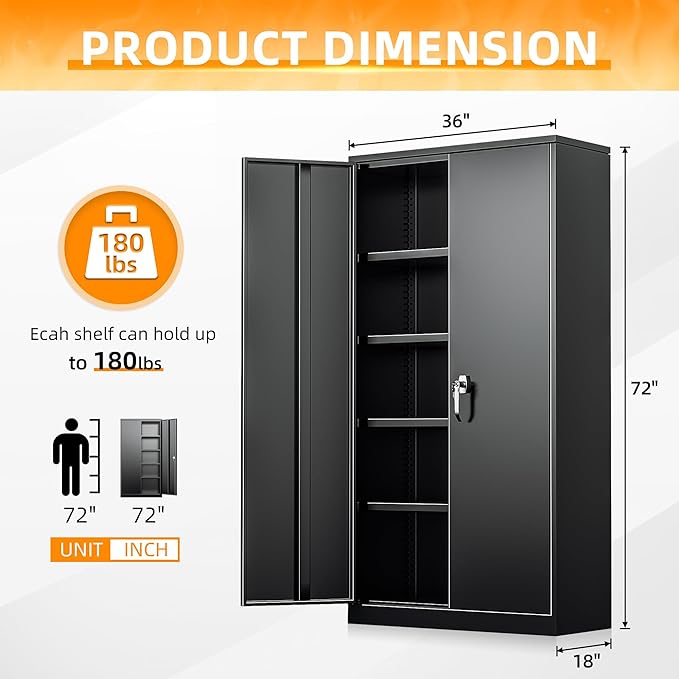 INTERGREAT Black Metal Storage Cabinet Doors, 72" Locking Steel Storage Cabinet with Shelves, Tall Metal Cabinet Lockable Steel Cabinets for Home Office, Garage