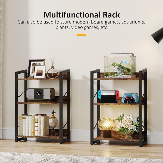 Hosfais Book Shelf Small Bookshelf: 3-Tier Wood Bookcase Industrial Bookshelf with Edge Protection Metal Narrow Bookcase Storage Organizer Display Rack for Bedroom Home Office (Rustic Brown)