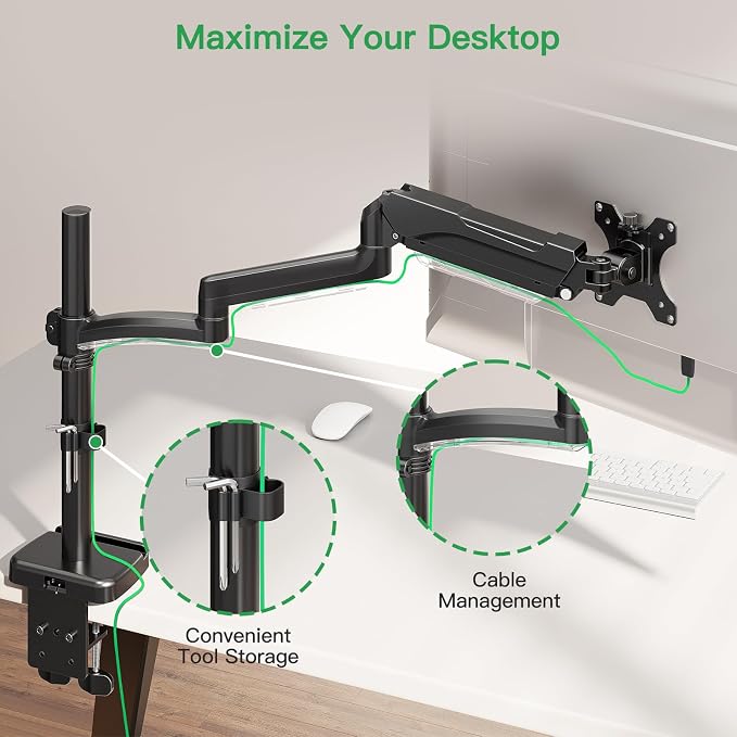 MOUNT PRO Single Long Monitor Arm, 13 to 32 inch Computer Monitor Desk Mount, Extra Long Adjustable Screen Stand, Tall Display Mount with Tilt, Swivel, Rotation, Hold up to 19.8lbs, VESA 75/100mm